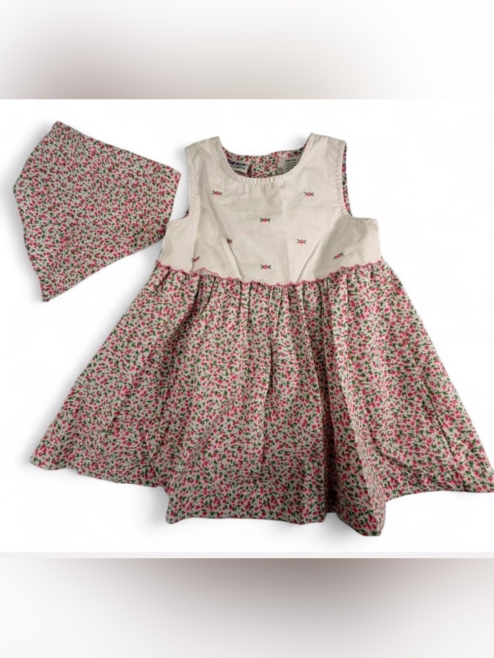 Blueberi Boulevard White Dress with Pink Rose Trim and matching bandana